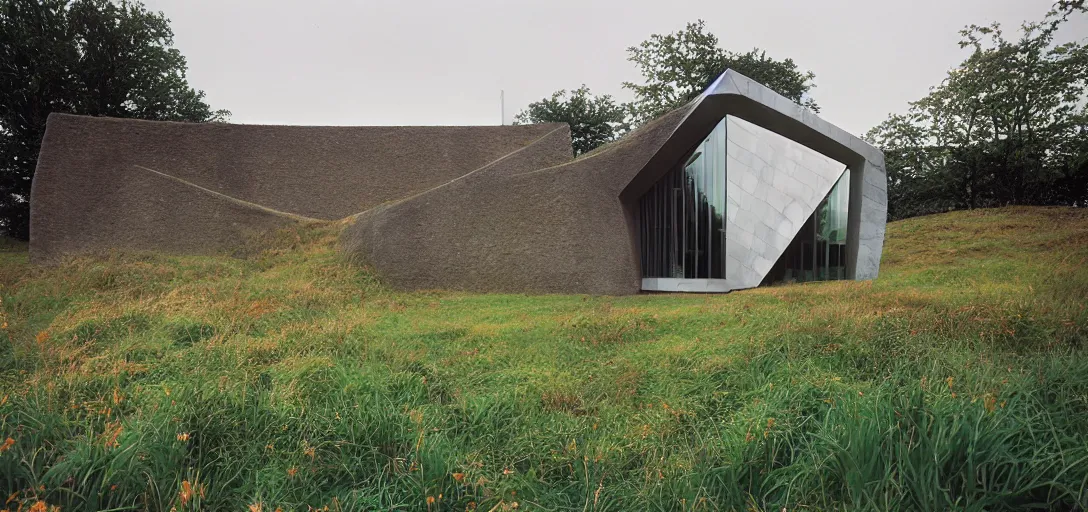 Prompt: scottish blackhouse designed by zaha hadid. outdoor landscaping designed by roberto burle marx. fujinon premista 1 9 - 4 5 mm t 2. 9. portra 8 0 0.