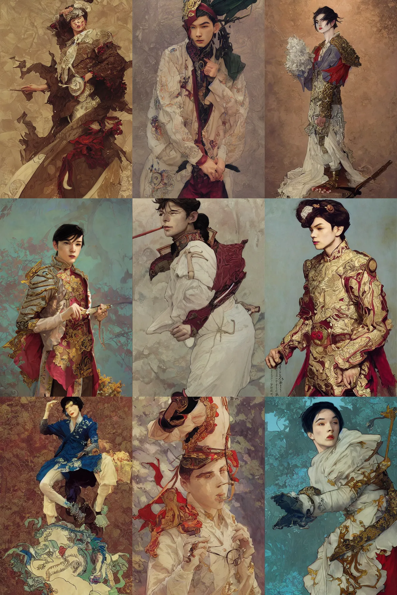 Prompt: young male, russian costume, chinese costume, fantasy, smooth, art by joseph leyendecker, peter mohrbacher, ruan jia, marc simonetti, ayami kojima, cedric peyravernay, alphonse mucha, victo ngai