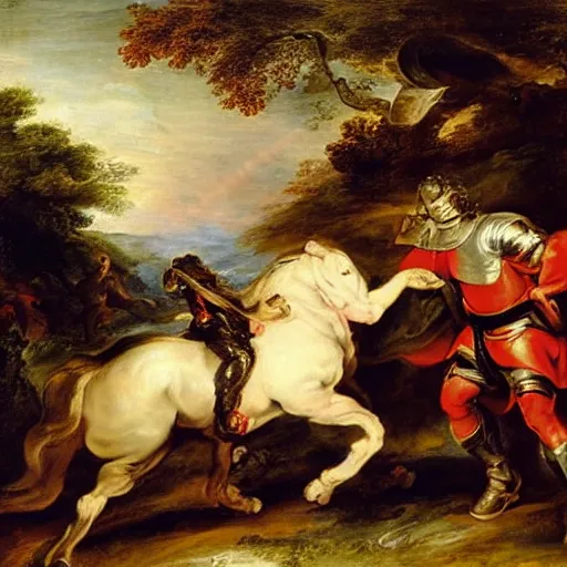 Prompt: knight at dawn fighting his sworn ennemy, painted by pierre paul rubens