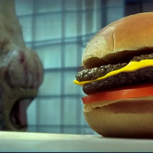 Image similar to the strange cheeseburger creature at the fast food place, film still from the movie directed by denis villeneuve and david cronenberg with art direction by salvador dali and zdzisław beksinski, wide lens