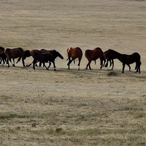 Image similar to a little boy was flying across a herd of galloping horses.