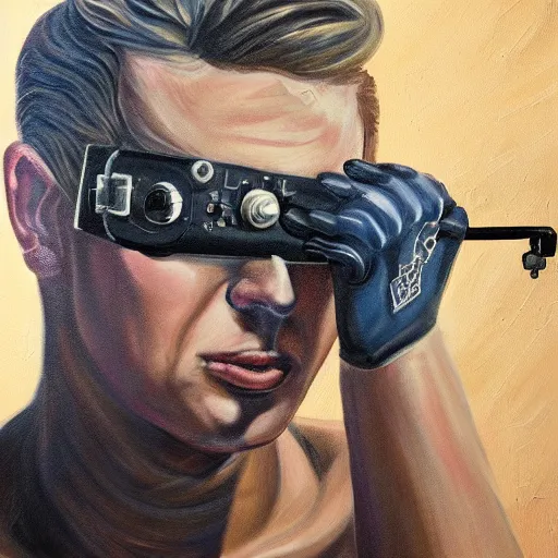 Prompt: painting of square - jawed emotionless serious blonde woman starship engineer, tribal tattoos, handsome, short slicked - back hair, sweating, uncomfortable and anxious, looking distracted and awkward, wearing victorian dark goggles, white tank top, cargo pants, and gloves, small spacecraft in background, highly detailed, mike mignogna, trending on artstation