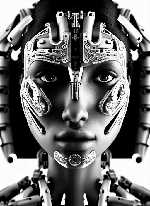 Image similar to a stunning young female cyborg profile face, face is made intricate tribal bio - mechanical, bw, unreal engine, glamor shot, nikon d 7 5 0, closeup, f / 2. 8, low contrast, 1 6 k, rim lighting, optical fiber, cinematic lighting, insanely detailed and intricate, hypermaximalist, elegant, ornate, hyper realistic,