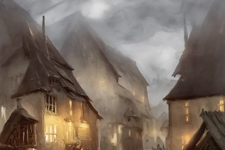 Prompt: paint brush strokes, abstract watercolor painting of rustic village fortress, interior closeup, medieval straw roof, scandinavian viking age, fog, ambient lighting, art by hans dahl, by jesper ejsing, art by anders zorn, wonderful masterpiece by greg rutkowski, cinematic light, american romanticism by greg manchess, creation by tyler edlin