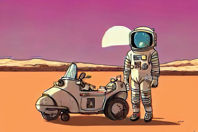 Prompt: a study of a cell shaded cartoon astronaut holding and smoking a joint on a desert road in front of a big moon, full body, wide shot, very muted colors, post grunge, studio ghibli, laurie greasley, highly detailed, deviantart, art by artgem