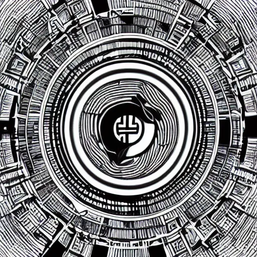 Image similar to a faint yin - yang daoist symbol superimposed on the futuristic cityscape in a utopian well - organized society, black and white multiscale