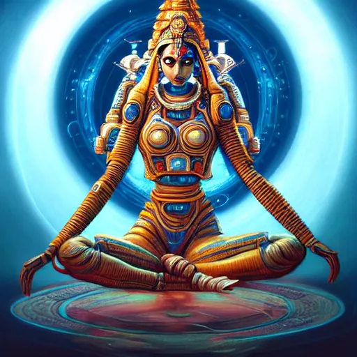 Prompt: Futuristic laxmi Indian Goddess in a robot spacesuit, sci-fi, fantasy, intricate, beautiful, elegant, attractive, indian goddess of wealth, highly detailed, digital painting, artstation, masterpiece, concept art, Four Hands, sitting on a Lotus, smooth, sharp focus, unreal engine 5, WLOP, Octane render, Symmetric, art by artgerm, hajime sorayama, William-Adolphe Bouguereau