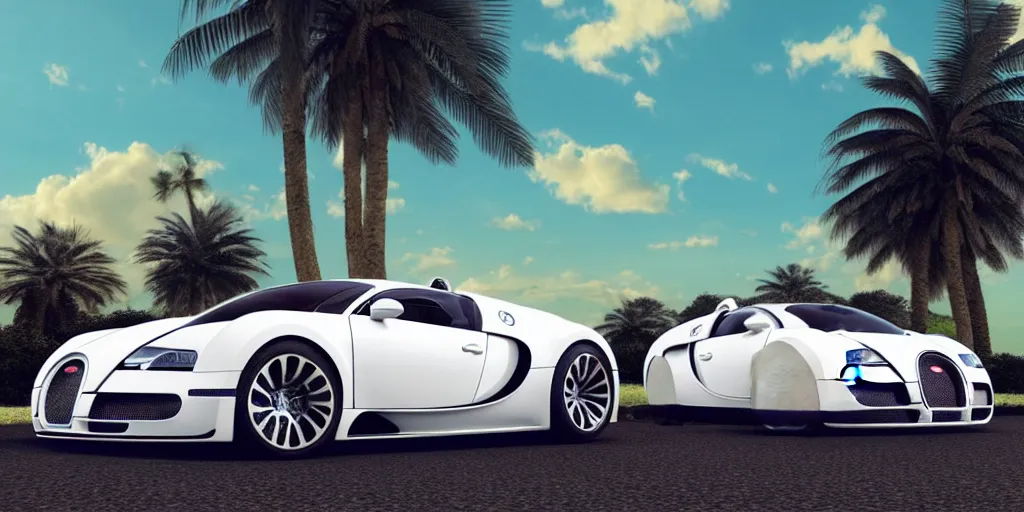 Image similar to bugatti veyron, 3 d primitive rendering, palm trees, 8 0 s vaporwave