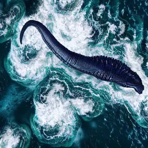 Image similar to top down view of an alien ocean, sea leviathan serpent emerging out of the water, mountains sticking out of the ocean, storm, octane render, detailed, cinematic lighting, dramatic lighting