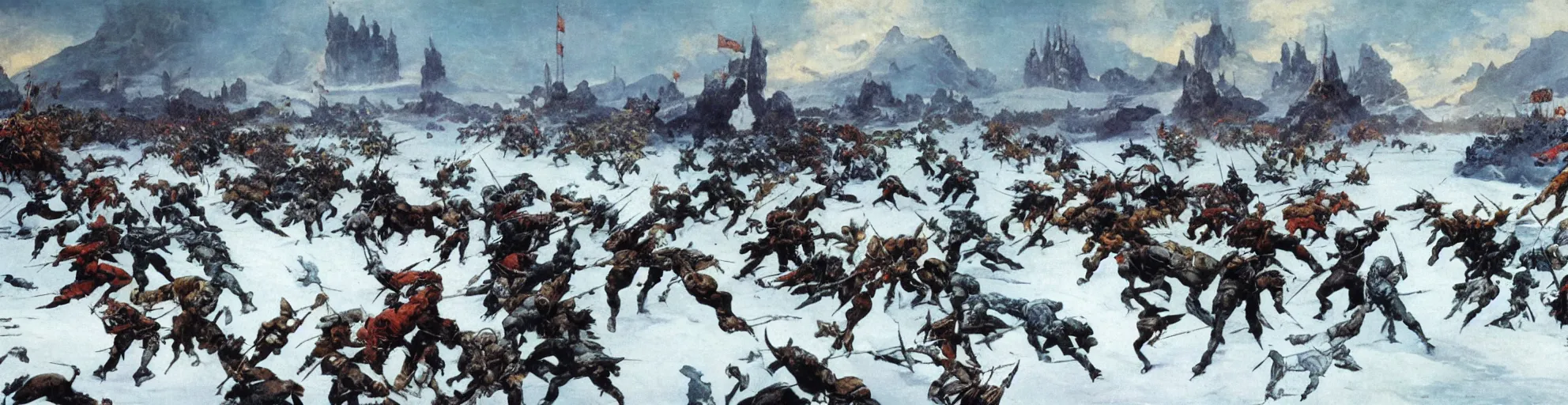 Prompt: panoramic battle of the knights on the frozen lake by Frazetta