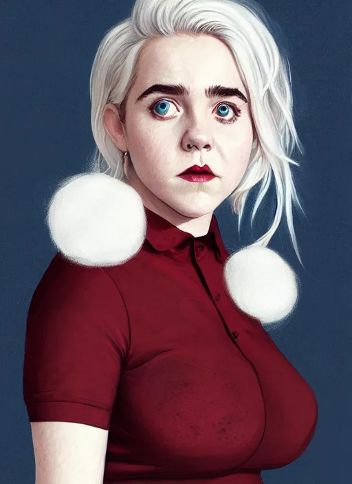 Image similar to full body portrait, kiernan shipka as sabrina spellman, white hair, obese, bangs, sultry, realistic, sultry smirk, fluffy bangs, freckles, fat, belly, intricate, elegant, highly detailed, digital painting, artstation, concept art, smooth, sharp focus, illustration, art by wlop, mars ravelo and greg rutkowski