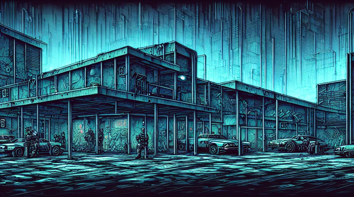 Image similar to post - apocalyptic police station, concrete building, paved roads, by dan mumford, by h. r giger, highly detailed photography, trending on artstation, hyperrealistic, human silhouettes, cyberpunk, environment artist, dystopian, science fiction, synthwave neon retro