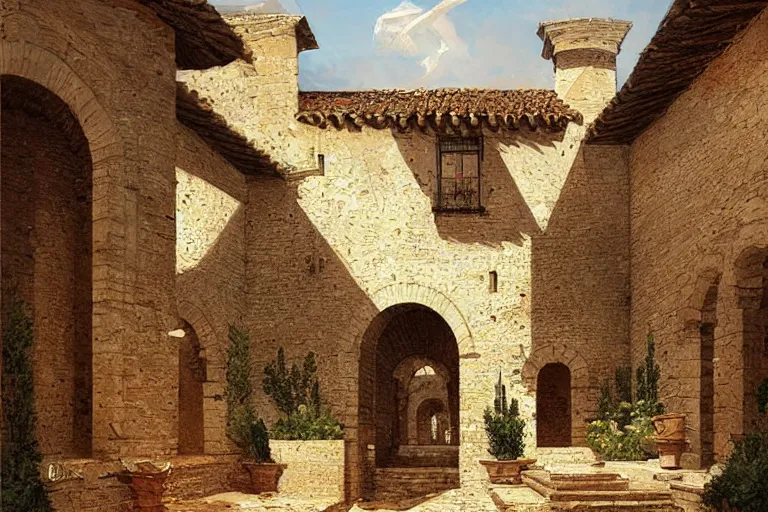 Prompt: monteriggioni highly detailed digital painting art artgerm greg rutkowski courtyard neoclassical