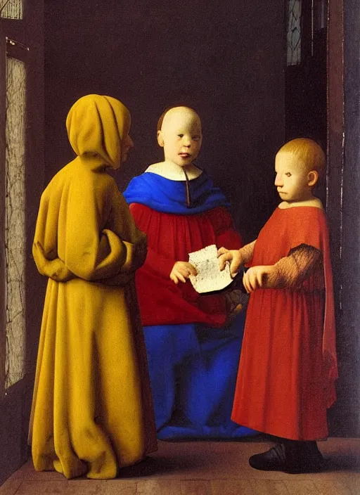Image similar to Two little brothers meet a young man, medieval painting by Jan van Eyck, Johannes Vermeer, Florence