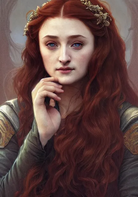 Prompt: portrait of sansa stark with long hair, intricate, elegant, highly detailed, digital painting, artstation, concept art, smooth, sharp focus, illustration, art by artgerm and greg rutkowski and alphonse mucha and william - adolphe bouguereau