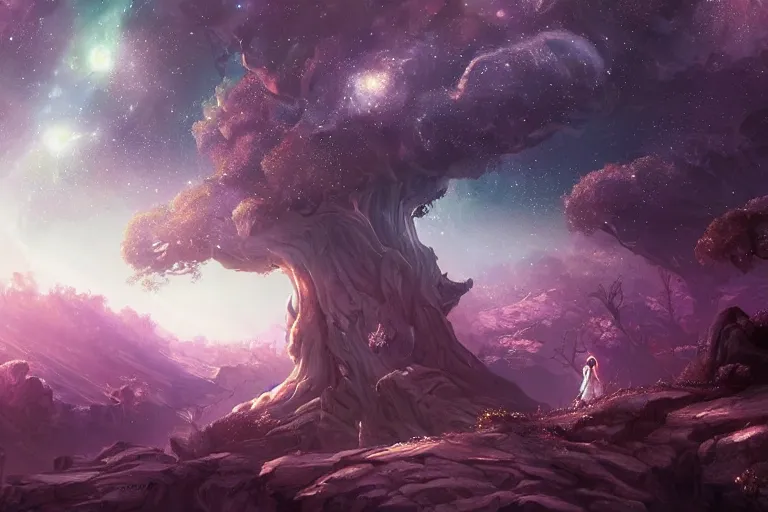 Image similar to a beautiful scenary of a fantasy world below a legendary yggdrasil tree with the background of a milky way, artstationHD, digital painting, hyper detail, elegant, cinematic, epic lighting, very very very very beautiful scenery, smooth, sharp focus