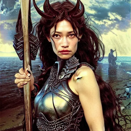 Image similar to head and shoulders portrait of an armored erinyes devil with huge bat wings, portrayed by olga kurylenko, d & d, fantasy, luis royo, magali villeneuve, donato giancola, wlop, krenz cushart, hans zatka, klimt, alphonse mucha