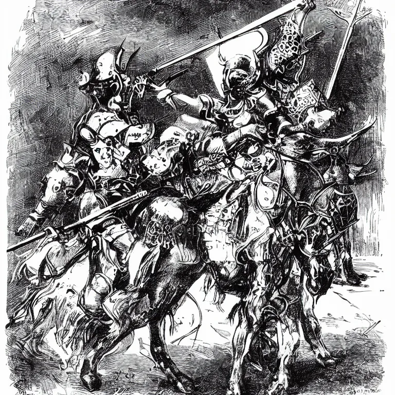 Prompt: a walther caspari illustartion in lustige blatter in 1 8 9 9 of a barbarian armored with swords and metal skulls, black and white pen an ink drawing