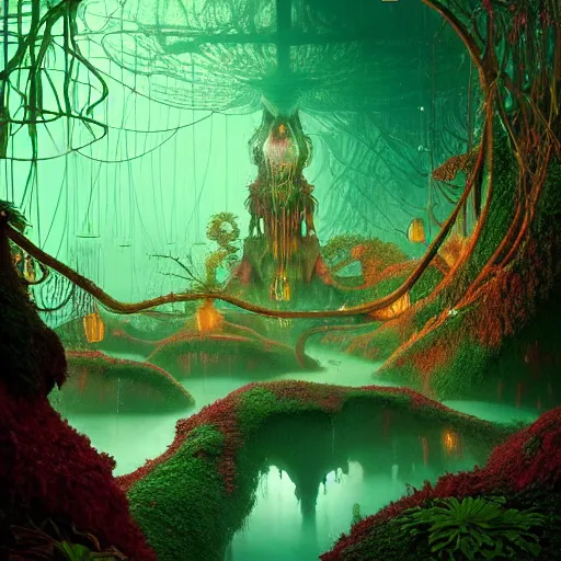 Image similar to creature in a lush candyland, water reflection, night, backlit, warm tones, bioluminescent : by michal karcz, daniel merriam, victo ngai and guillermo del toro : ornate, dynamic, particulate, intricate, elegant, highly detailed, centered, artstation, smooth, sharp focus, octane render