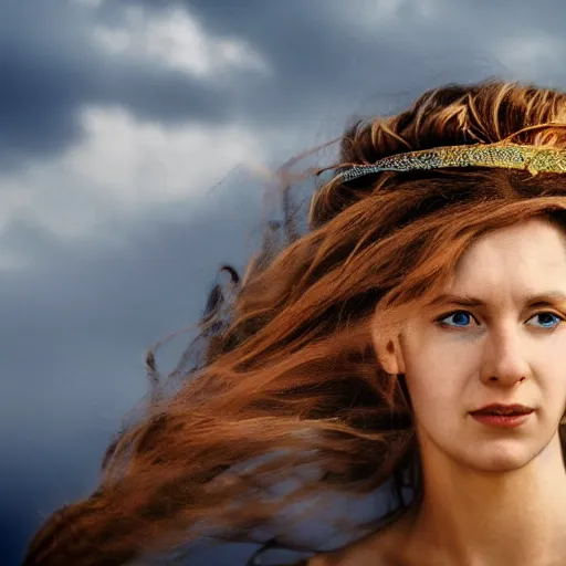 Prompt: full body color photograph of Helen of Troy, wearing a diadem, her hair blowing in the wind, dramatic lighting, by Annie Leibovitz Carl Zeiss 135mm nikon