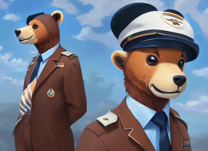 Image similar to character portrait feature of the anthro male anthropomorphic kamchatka brown bear fursona wearing airline pilot outfit uniform professional pilot for delta airlines character design stylized by charlie bowater, ross tran, artgerm, and makoto shinkai, detailed, soft lighting, rendered in octane