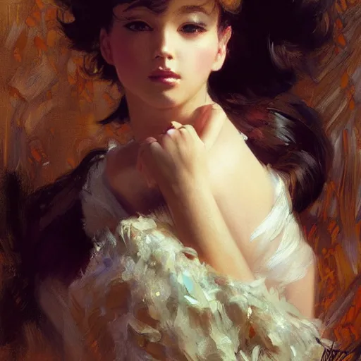 Prompt: a high fashion studio portrait of a cute anime girl, painting by gaston bussiere, craig mullins, j. c. leyendecker