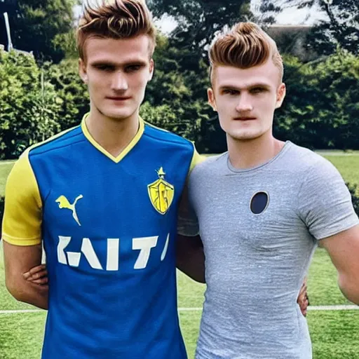 Image similar to a realistic detailed photo of a guy who is an attractive humanoid who is half robot and half humanoid, who is a male android, soccer players martin ødegaard & timo werner, shiny skin, posing like a statue, blank stare, by the pool, on display, showing off his muscles, gold soccer shorts, no jersey, statue, many copies of them