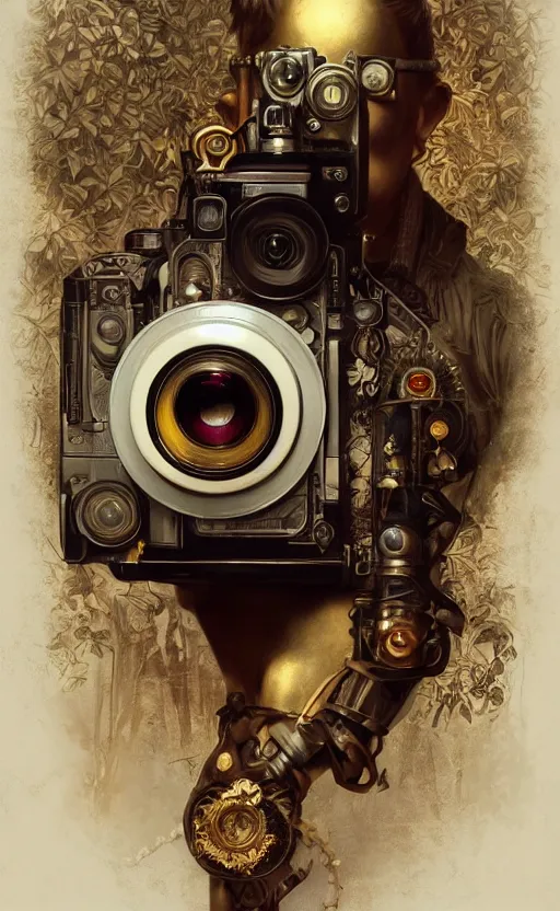 Image similar to hyper realistic male photographer looking through a vintage steampunk medium format camera, design on white background, beautiful details, lush foliage cyberpunk, gold, drawn by john singer sargent, tom bagshaw, norman rockwell, alphonso mucha, lolish, trending on artstation