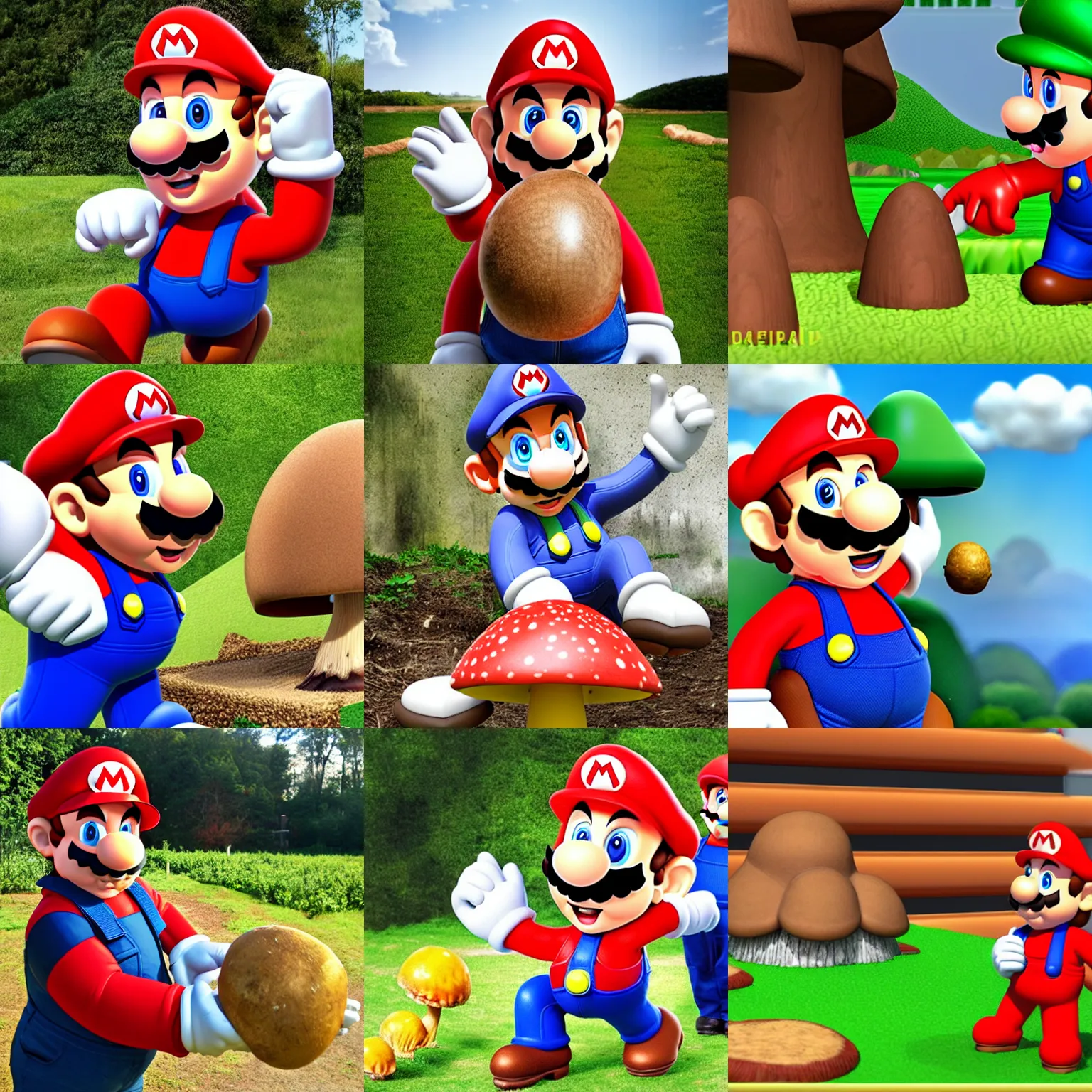Prompt: Photograph!! of Mario! finding a big! mushroom, excited, smiling