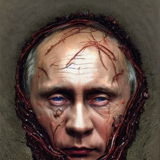 Image similar to a portrait of vladimir putin's whole face made of worms and maggots, macabre, horror, by donato giancola and greg rutkowski and wayne barlow and zdzisław beksinski, realistic face, visible face, digital art, artstation, symmetry