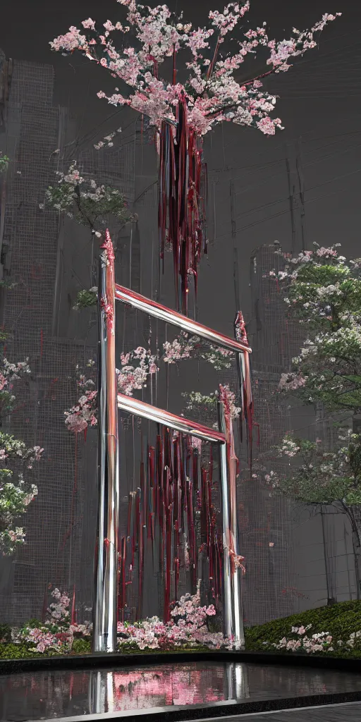 Image similar to 3 d photographic render of melting japanese torii gate and sakura flowers sculpture made of chrome, chrometype, made of liquid metal, neotribal with thorns and thunders, cyberpunk, raytracing, fov, hyper realistic, volumetric lightning, 8 k, by zhelong xu and ouchh studio