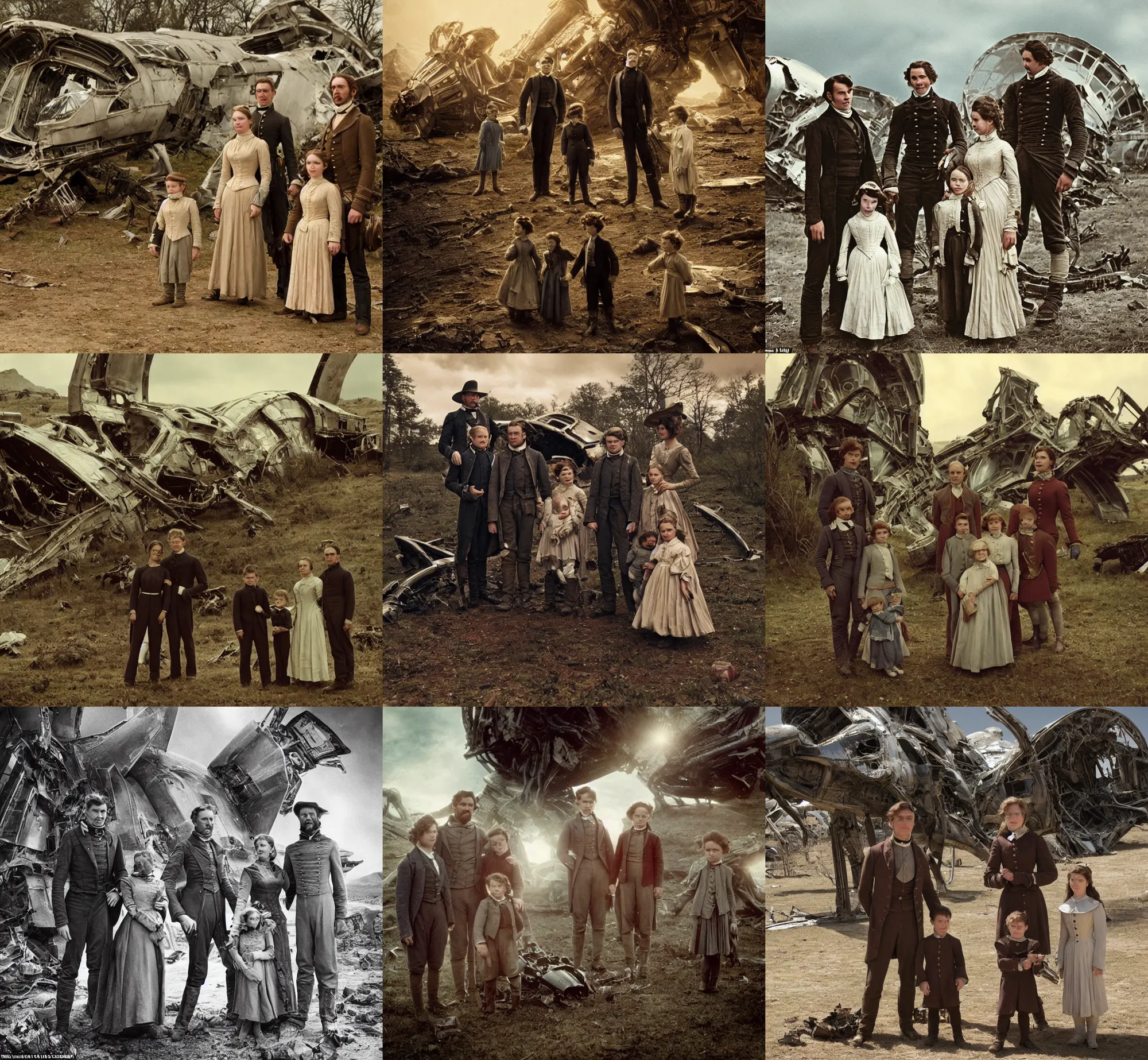 Prompt: sharp sharp, detailed, from blockbuster sci fi 8 k color movie freeze frame, set in 1 8 6 0, family standing in front of a crashed spaceship, on alien planet, looking happy, wearing 1 8 5 0 s era clothes, atmospheric lighting, in focus, reflective eyes, 3 5 mm macro lens, live action, nice composition, good photography, clear facial details