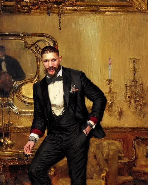 Image similar to tom hardy ( ( ( beard ) ) ) clean - shaven, reciting poetry to a room full of businessmen, painting by gaston bussiere, craig mullins, j. c. leyendecker