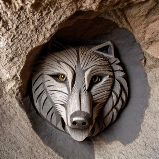 Prompt: wolf carved in a cave by a prehistorical human, old