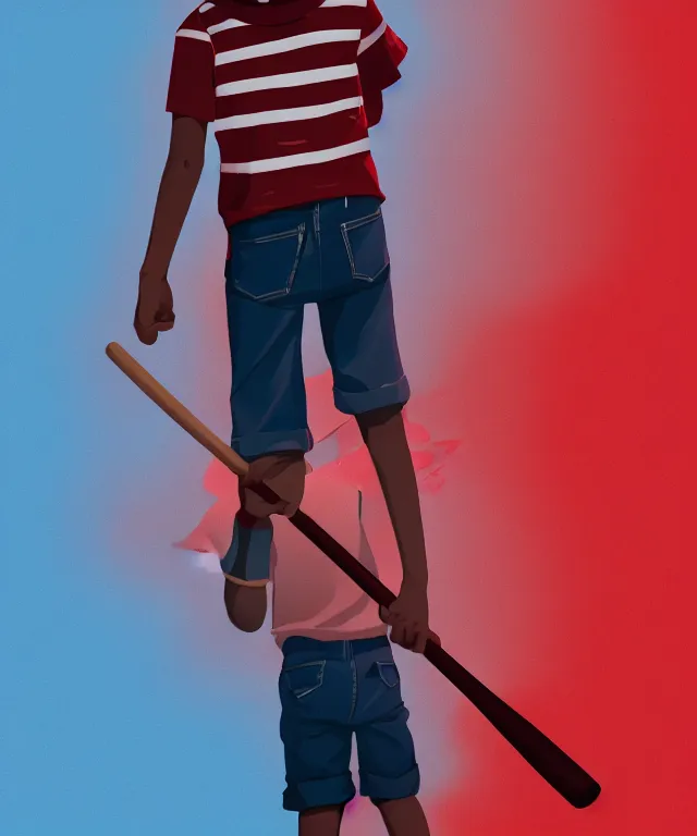 Image similar to a young boy wearing a horizontal striped shirt and a red baseball cap and jean shorts, holding a baseball bat, digital painting, artstation, concept art, sharp focus, octane render, illustration, art by tomer hanuka,