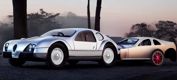 Image similar to a single bugatti type 5 7 sc atlantic and delorean hybrid, dslr, volumetric lighting