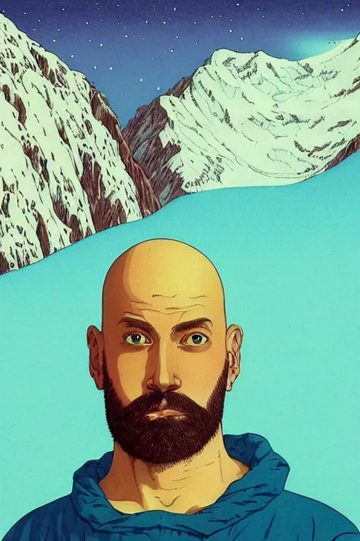 Image similar to a colorful closeup portrait of a young bald man with a huge beard and dreaming psychedelic hallucinations in the vast icy landscape of antarctica, by kawase hasui, moebius and edward hopper, colorful flat surreal design, hd, 8 k, artstation