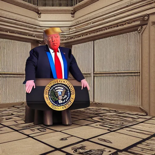 Image similar to trump making fun of cripple in striped prison clothes commemorative plate, 3 d high definition, trending on artstation, intricate detail, finely detailed, small details, extra detail, photorealistic, high resolution, vray, 8 k, octane, hdr, hyper detailed, insane details, intricate, elite, ornate, elegant, luxury