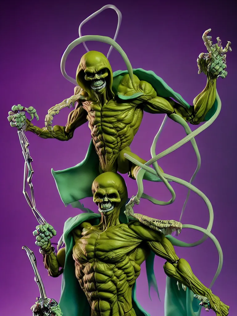 Image similar to hyperrealistic rendering, skeletor by bernie wrightson and killian eng and joe fenton, product photography, action figure, sofubi, studio lighting, colored gels