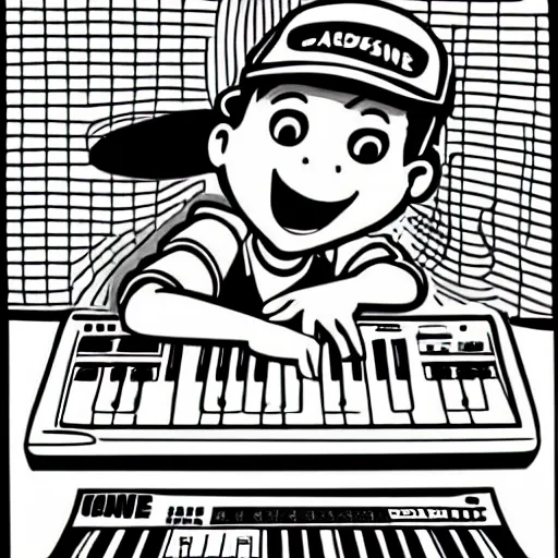 Image similar to cartoon line drawing illustration of a kid, wearing a backwards baseball cap, playing a Korg MS-20 synthesizer, in the style of The Beano, pen and ink, black and white, long shot, white background, graffiti marker