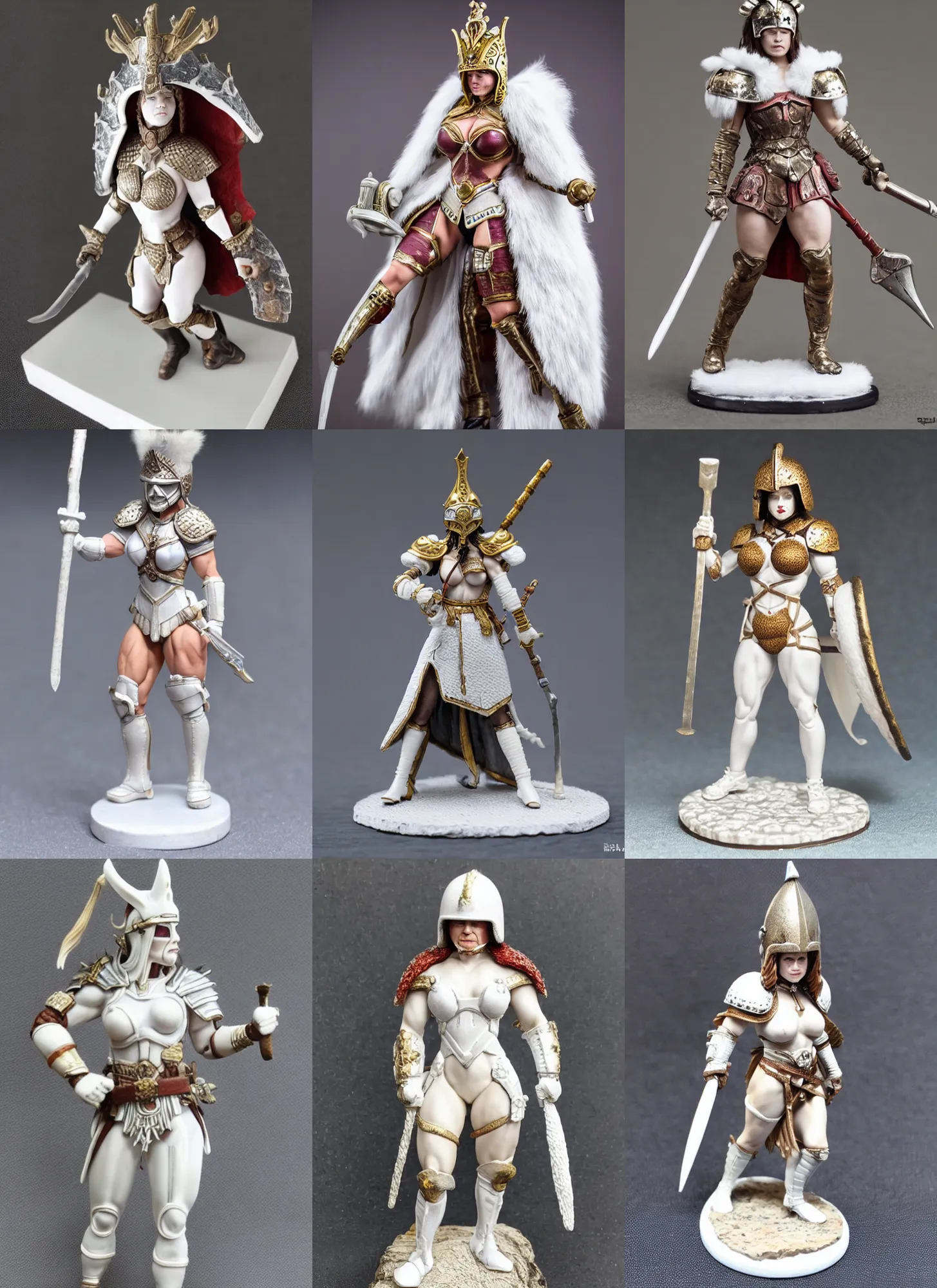 Prompt: 80mm resin detailed miniature of a Very Muscular Woman, Queen of war, white armor, iron mask and helmet, white fur cloak, on textured base; Miniature Photos, 4K, Full body; Front view