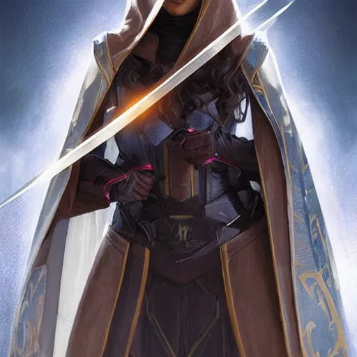 Prompt: a brown skinned asian woman in destiny hunter armor, wearing a hooded cloak, beautiful face!!!!, blue eyes, brown hair in a bob, 2 7 years old, cg animation, realistic, character select portrait, by artgerm, greg rutkowski, alphonse mucha, 3 d