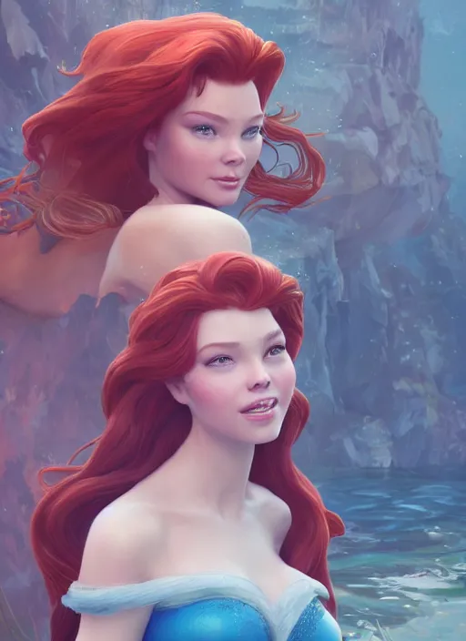 Image similar to princess ariel, naturel, hyper detailed, digital art, trending in artstation, cinematic lighting, studio quality, smooth render, unreal engine 5 rendered, octane rendered, art style by klimt and nixeu and ian sprigger and wlop and krenz cushart