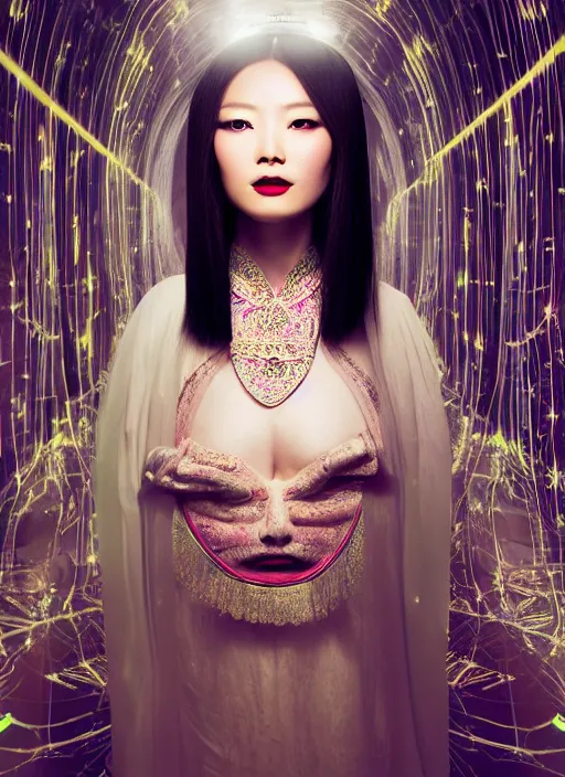 Image similar to photo shoot pose photo of beautiful Chinese ancient princess standing in the corridor in the space ship, symmetrical face, big eyes and lips, looking down, subtle makeup, clean face and body skin,ecstatic expression, ornamental jewelry and ancient translucent clothes, futuristic space ship interrior, wires with lights,depth of field, lens flares, dust in the air, moody lighting, intricate, elegant, highly detailed, centered, smooth, sharp focus, Donato Giancola, Joseph Christian Leyendecker, WLOP, Boris Vallejo, Artgerm moody photography, old photo, black and white, sepia, cinematic lighting, cinematic angle, editorial photography