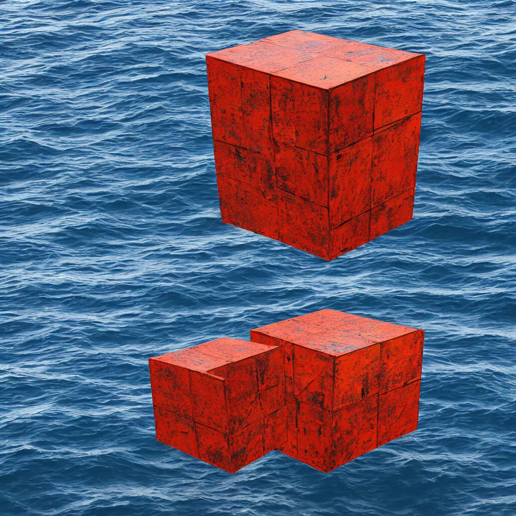 Image similar to an art instillation of a cube in the middle of the ocean, slightly rusting, made by richard sera, 8k photograph, highly detailed