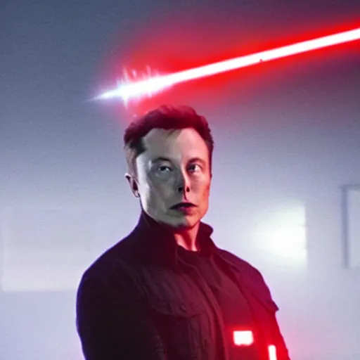 Prompt: film still of elon musk holding a red lightsaber