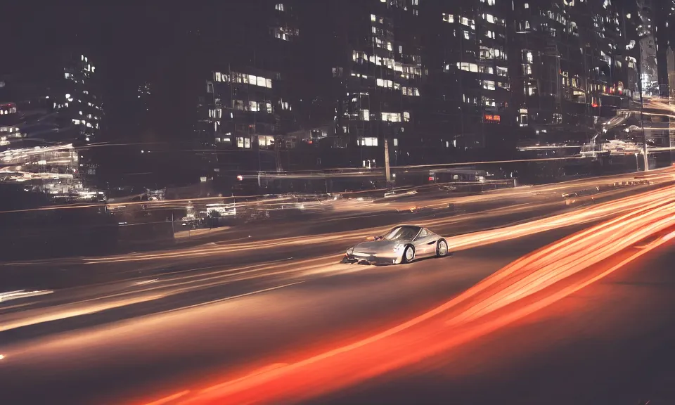 Image similar to photo of a porsche 911 at night driving fast through a city, cinematic, 4k, long exposure photography, tokyo drift, fast and furious, film still, night photography, motion blur, lens flare, movie shot, light trail