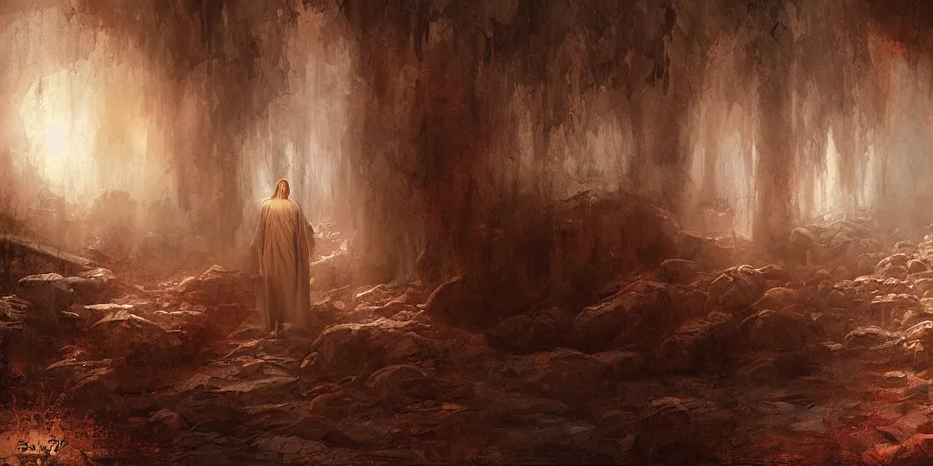 Prompt: Jesus Christ, walking through hell, a fantasy digital Painting, by Richard Schmid