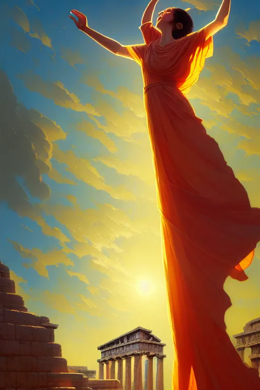 Image similar to high detail portrait, screaming woman wearing ancient greek yellow paper tunic, hands in air, stephen bliss, fantasy art by greg rutkowski, rhads, ferdinand knab, makoto shinkai and lois van baarle, ilya kuvshinov, rossdraws, tom bagshaw, global illumination, radiant light, ancient greek temple ruins, red and blue color theme