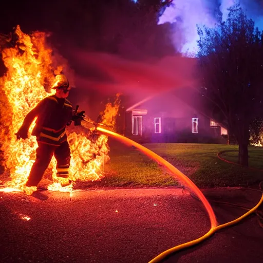Image similar to photo of a clown using a flamethrower projecting a long bright flame towards a house fire